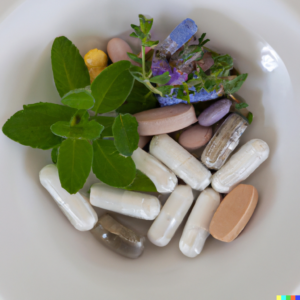 Photo of pills and herbs created by Dall-E-2 as described by Kathy McCabe